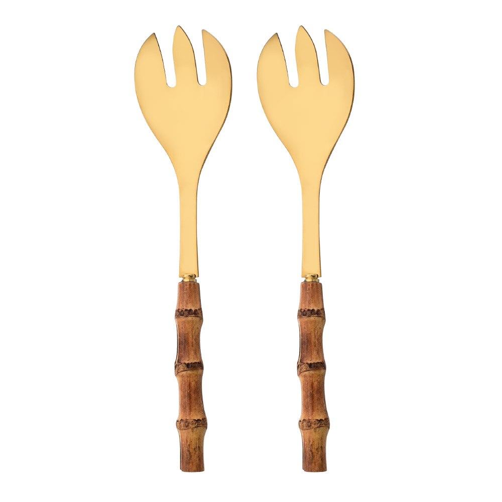 2Pcs Serving Utensils Cutlery 304 Stainless Steel Big Fork and Spoon with Natural Bamboo Handle Food Serving Salad Spork Server Spoon Tableware Set
