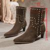 Fashion Women's Mid-calf Boots Retro Rivet Short-tube Chelsea Boots Fashion Pointed High Heeled Boots for Women Suede Cowhide Ankle Boot