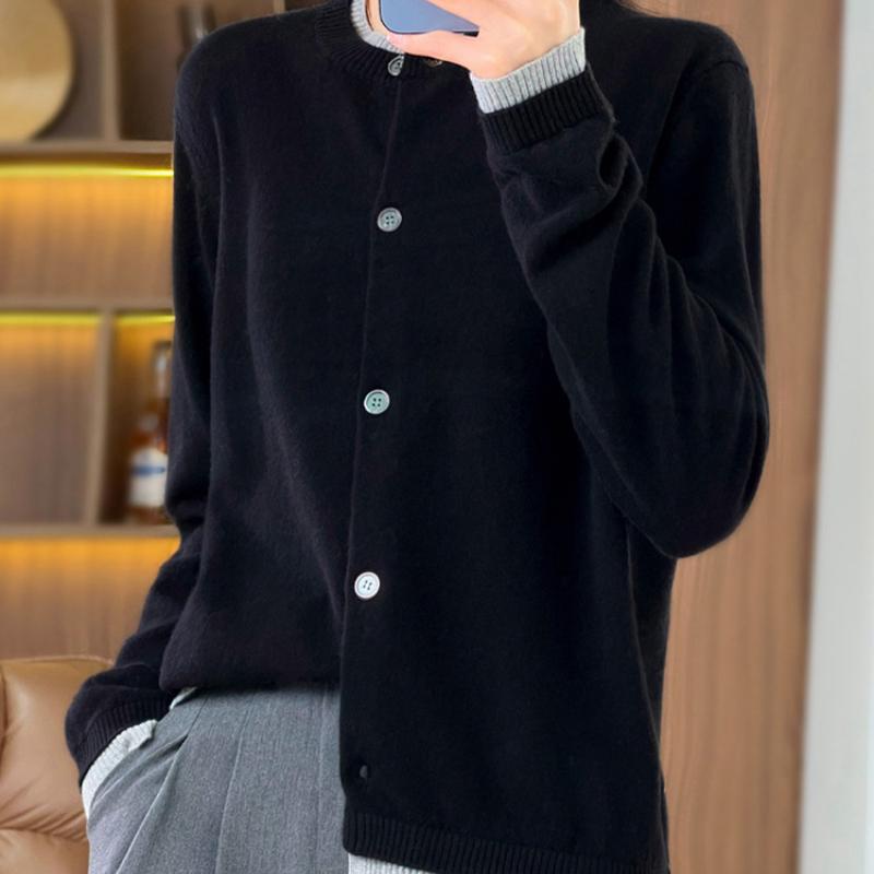 IHUASU Patchwork Wool Knitted Cardigan Women's Spring and Autumn Simple Versatile Bottoming Shirt Jumper Coat