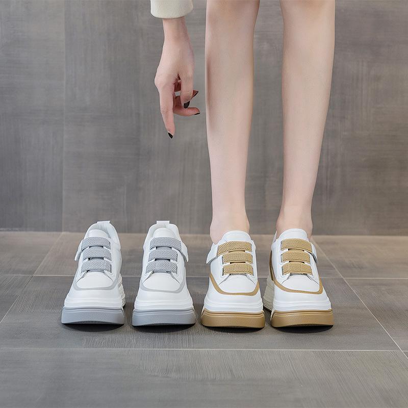 Board Shoes Women's 2025 New Leather Shoes Versatile Thick-soled Muffin Shoes Inner Height Increase Casual Women's Shoes Velcro Single Shoes