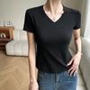 Popular Summer V-neck Front Shoulder Short-sleeved T-shirt for Women's Fish Bone Slim Solid Color Trendy Brand Basic Model Modal Top