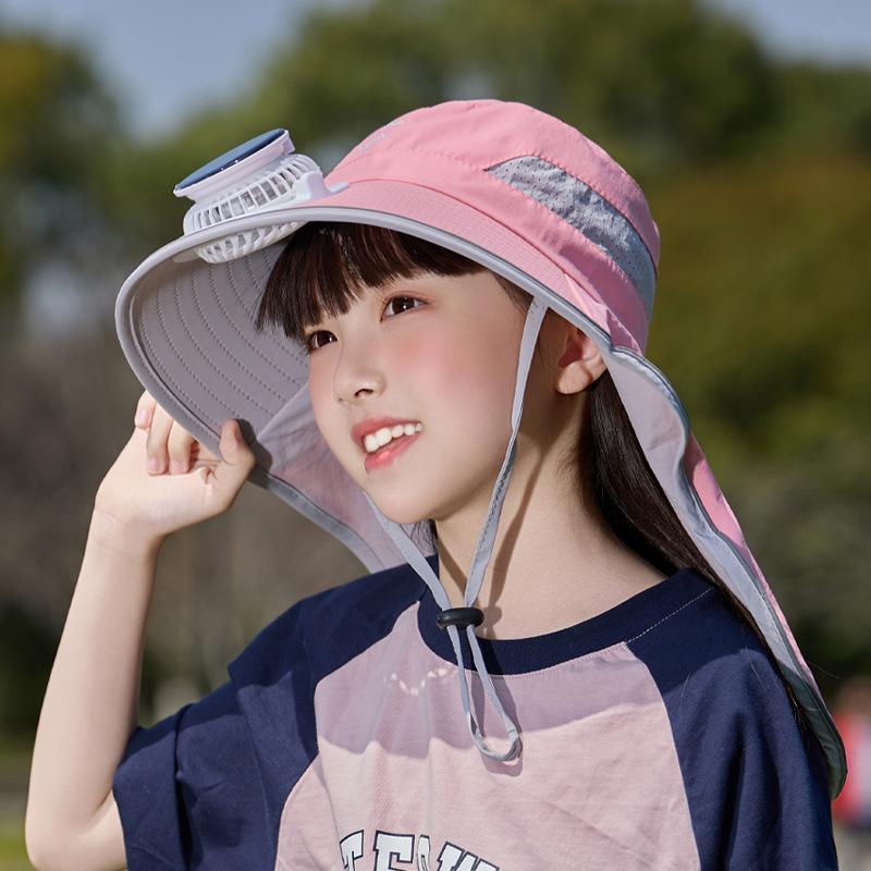 Children's hats summer boys and girls outdoor sun protection hat eaves shawl bucket hat solar fan sun hat