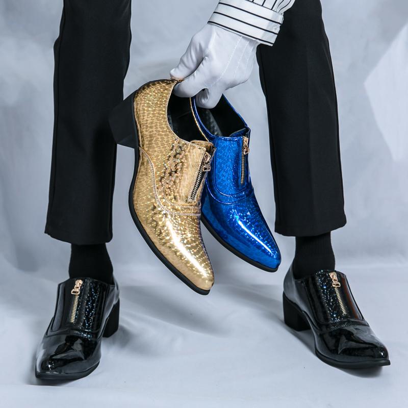 Leather Shoes For Men High-heeled Society Spike Leather Shoes Man British Style Business Platform Formal Zipper Leather Shoes