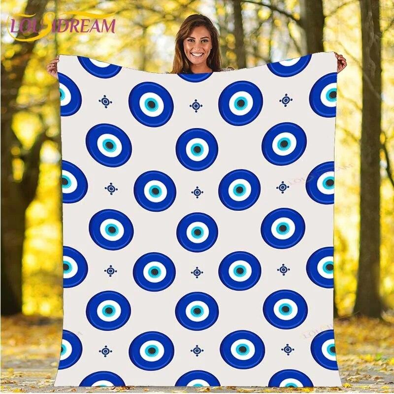 Evil Eye Blanket Turkish Nazar Spiritual Art Blanket Vintage Mid Century Flannel Blanket Sofa Chair Throw Blanket Travel Blanket