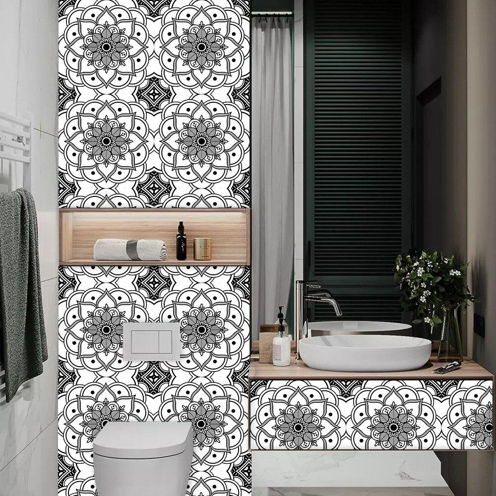 10pcs Black and White Mandala Tiles Wall Sticker Kitchen Backsplash Wardrobe Counter Home Decor Self-adhesive Waterproof Art Mural