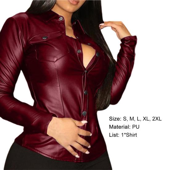 Women Shirt Solid Color Slim Faux Leather Cool V Neck Blouse for Daily Wear