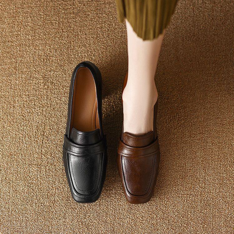 Women's Chunky Heel Retro Square Toe Loafers - Genuine Leather, Clearance, Spring/Autumn 2025