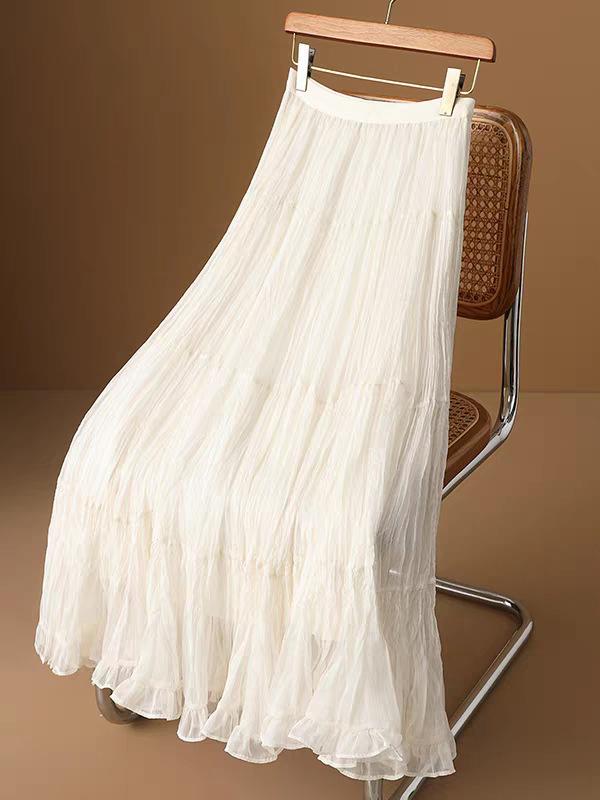 French Gentle Wind Ruffle Leaf Edge Mesh Skirt Women's Summer Long Pleated Thin Lazy Holiday Style A-word Skirt