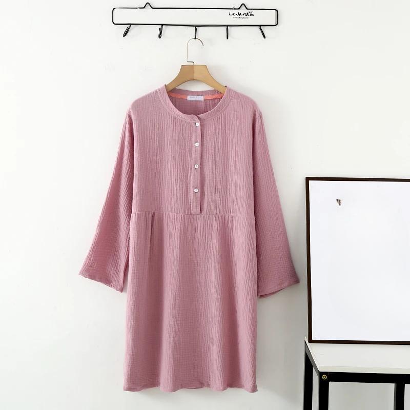 Spring and Autumn Women's Long Sleeve Nightdress 100%Cotton Crepe Round Neck Button Solid Color Dress Home Dress Nightgown Dress