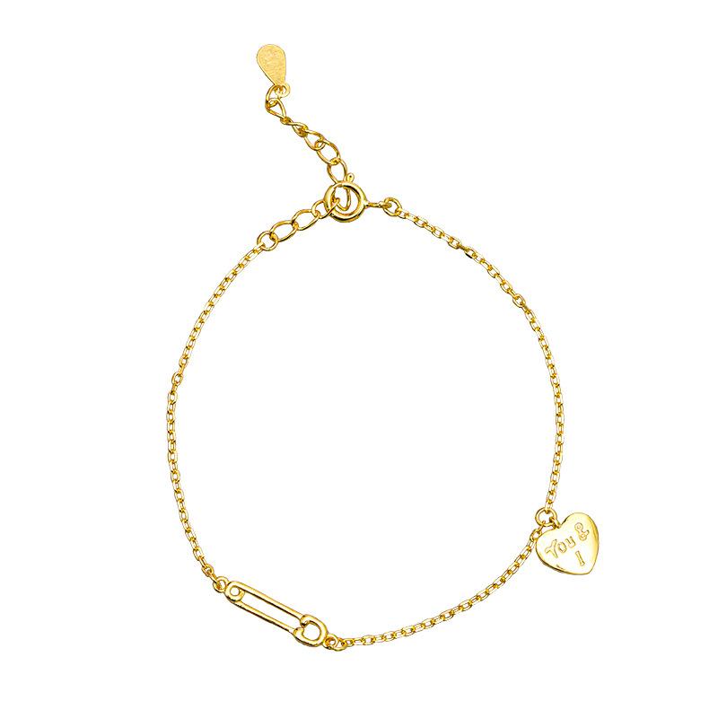 S925 Sterling Silver Gold-plated Simple Heart-shaped Bracelet with Versatile Temperament English Love Pin Extremely Fine Hand Jewelry