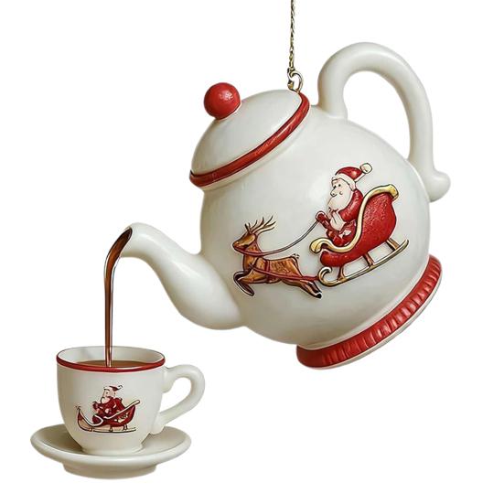 Christmas Teapot Ornament Holly Vintage Tea Cups And Pot Set Xmas Tree Hanging Ornaments 2D Acrylic Teapot Decor with Pouring Tea Effect