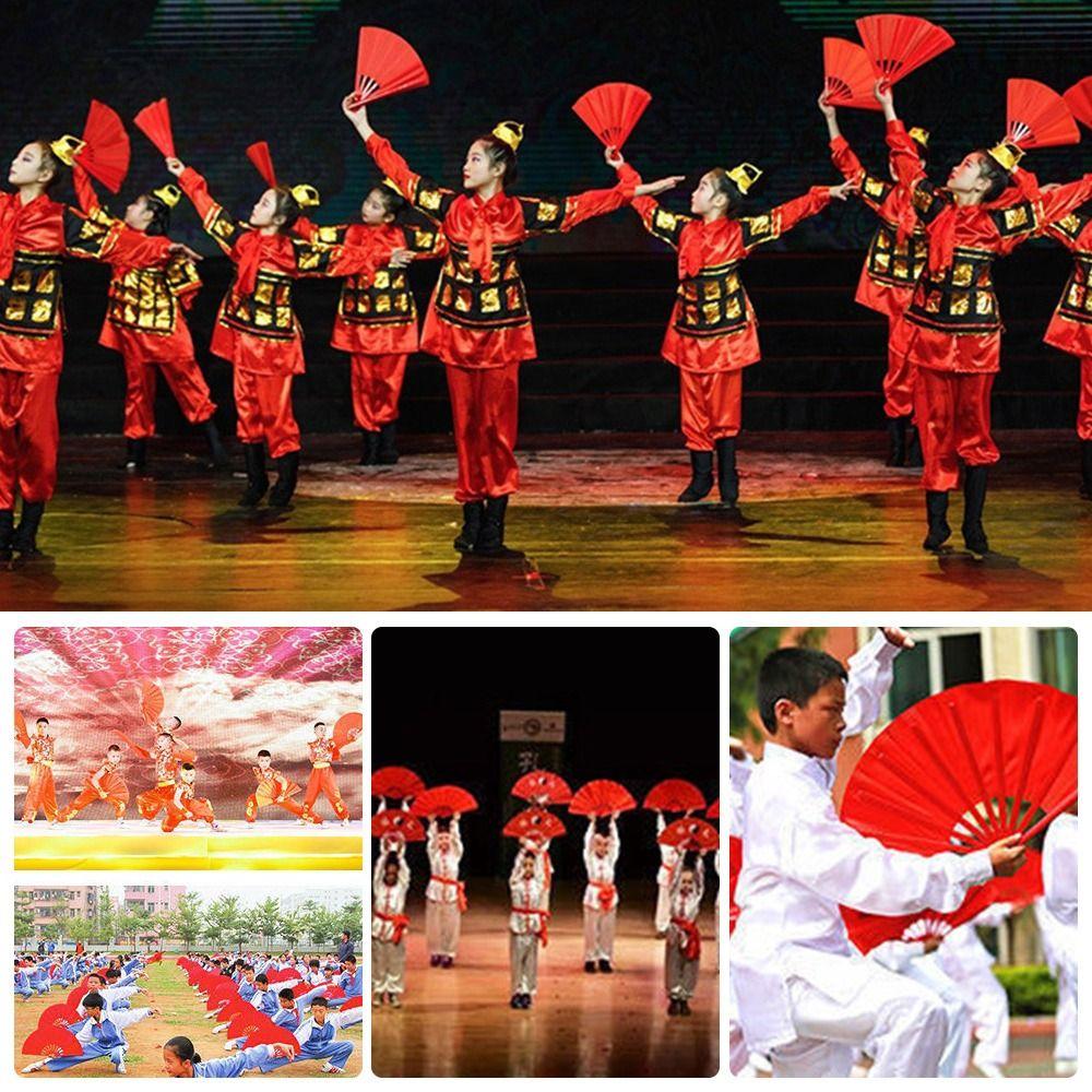 Red Chinese Tai Chi Wedding Party Decor Plastic Bone Fan Yoga Fan Folding Stage Fan Kung Fu Fan