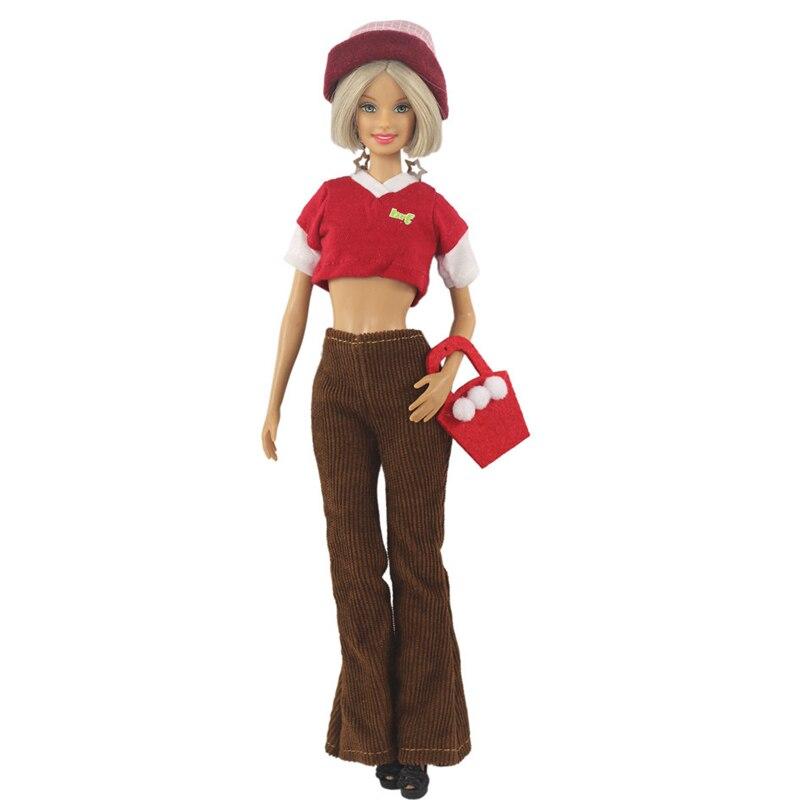 Red Fashion Clothes Set For Barbie Doll Outfits Crop Top Shirt Pants Hat Purse Bag 1/6 Dollhouse Accessories Kids Toys Gift