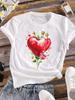 (Asian Size) Tee Women Love Heart Flower Cute Clothing Casual Top Short Sleeve T Shirt Fashion Print Lady Female Graphic T-shirts