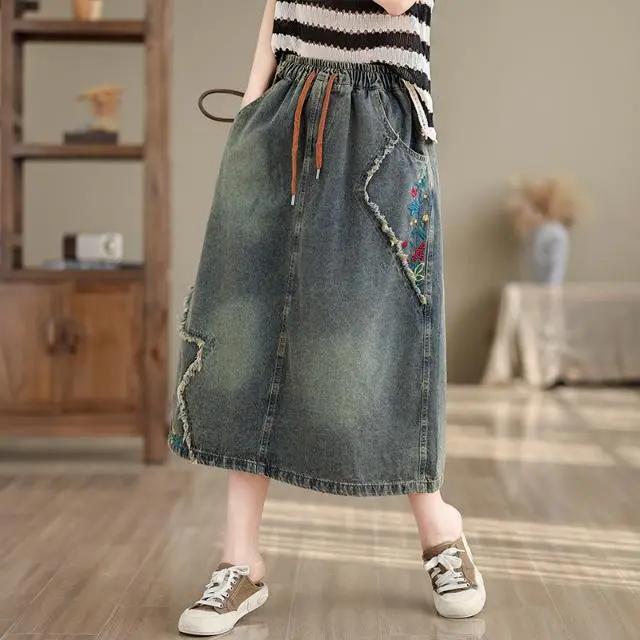 Plus Size Women's Summer Dress Ethnic Style Loose Denim Skirt Skirt Spring and Autumn A-line Mid-length Skirt