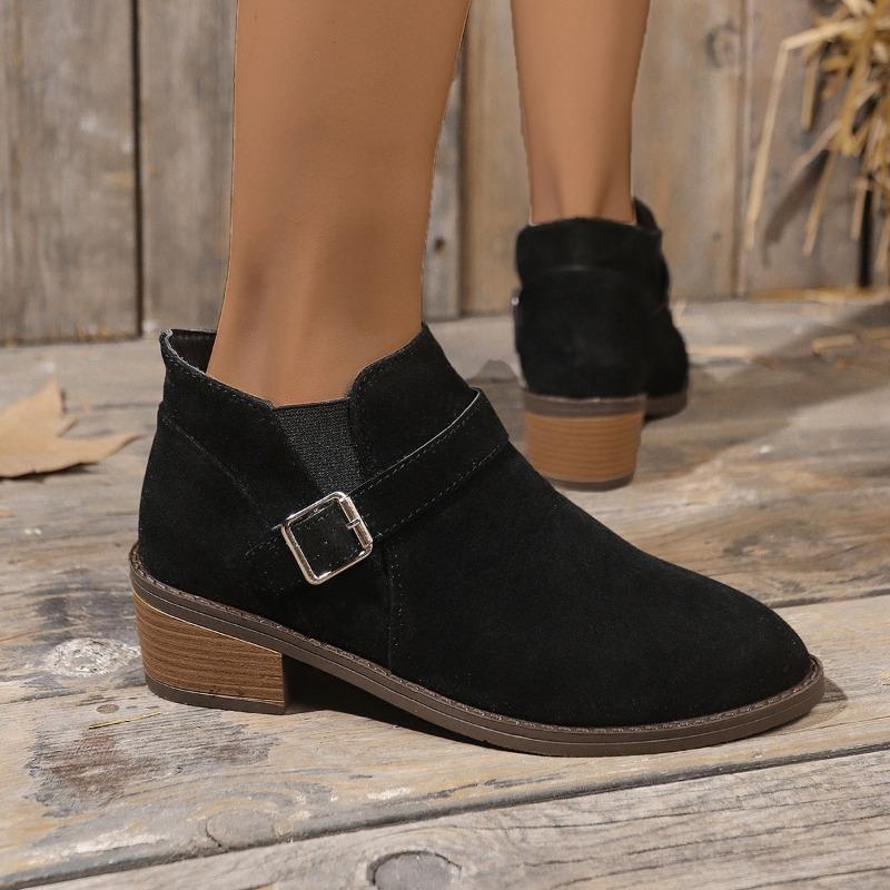 Fashion Faux Suede Mid-heel Women's Pointed-toe Chelsea Boots 2024 Spring and Autumn Solid Color Square Heel Slip-on Short Fashion Boots
