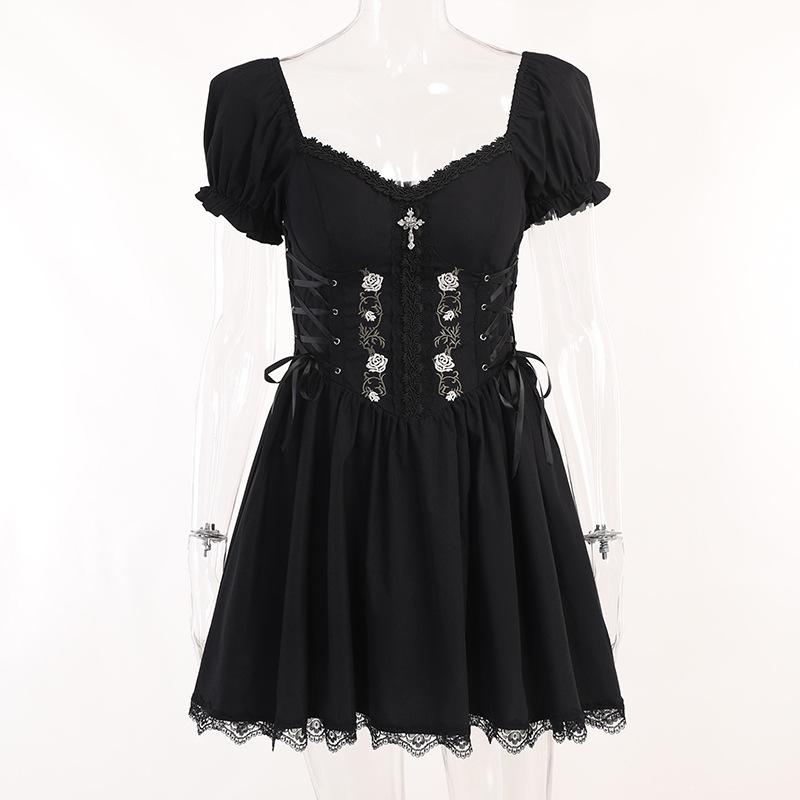 AltGoth Vintage Gothic Princess Dress Women Dark Harajuku Lace Up Cross Corset Dress Streetwear Partywear Lolita Dress Female