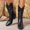 Pointed Toe Western Cowgirl Chelsea Mid Calf Boots Women Cossacks Cowboy Pleated Boots Wedges Femal Shoes Botas Mujer 34-45