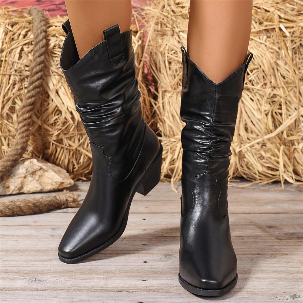 Pointed Toe Western Cowgirl Chelsea Mid Calf Boots Women Cossacks Cowboy Pleated Boots Wedges Femal Shoes Botas Mujer 34-45