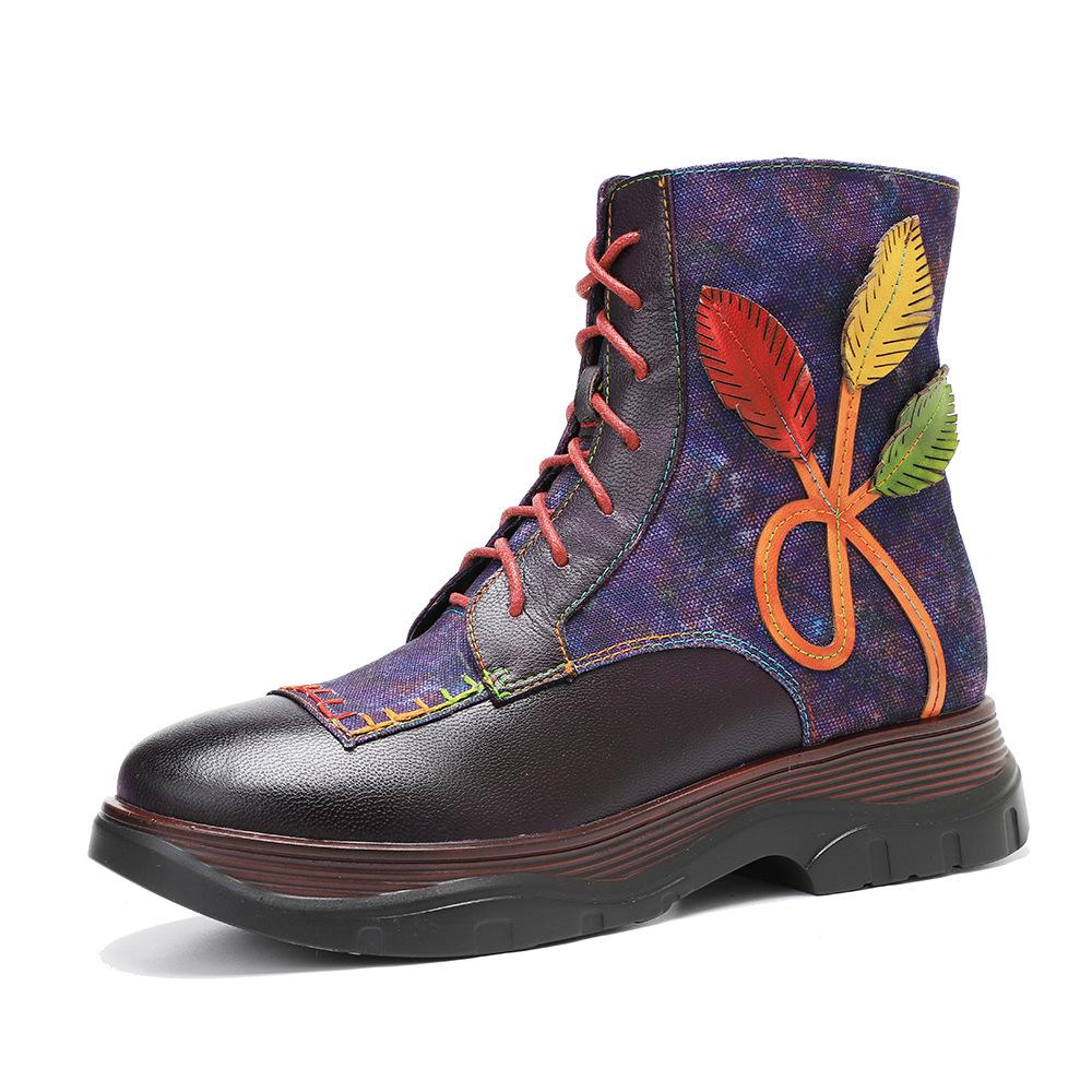 Johnature Genuine Leather Retro Shoes Women Boots Round Toe Floral Sewing Concise Handmade Ankle Platform Boots