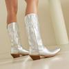 IPPEUM Silver Metallic Cowboy Boots Knee High Embroider Chunky Heel Cowgirl Shoes Mid Calf Western Botas Cowboy Mujer