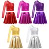 Girls Sparkly Dance Top Sheer Mesh Long Sleeve One Shoulder Crop Top Metallic Flared Skirt Performance Costume