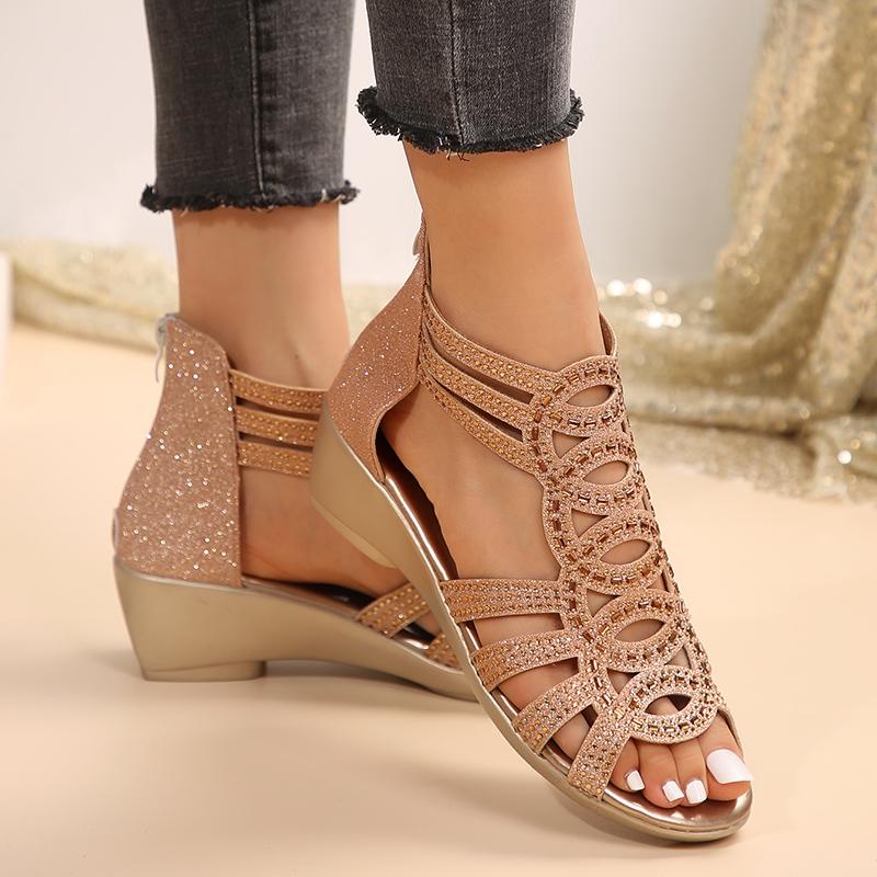 Fashion Brand Design Crystal Roman Sandals Women Peep Top Wedge Sandalias Mujer 2024 Summer Hollow Out Gladiator Shoes Woman Plus Size