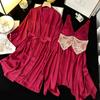 Spring Summer Satin Bathrobe Loungewear Women 2PCS Robe Set Sleepwear Sexy Patchwork Lace Nightgown Intimate Lingerie Home Dress