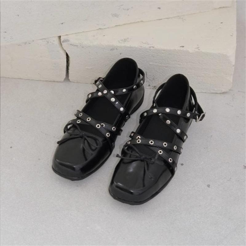 Mary Jane Shoes Female Genuine Leather Retro Ballet Flat Shoes Women Square Toe Flat Luxury Rivet Cross Straps Ladies Shoes