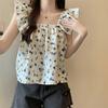 Summer New Loose Print Floral Casual Blouses Women Slim Fit Square Collar Flying Sleeve Women's Shirts Tops Elegant Vintage Female Clothing 26129
