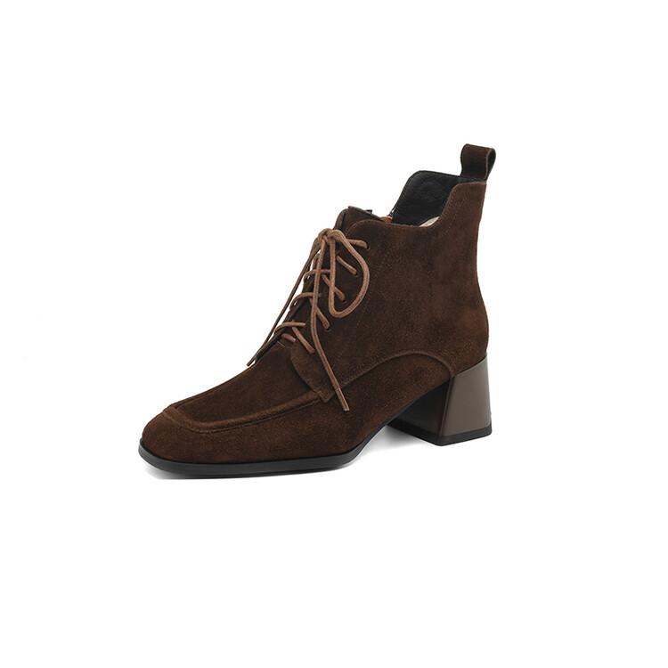 Fashion New Autumn Winter Sheep Suede Women Shoes Square Toe Retro Lace Up Short Boots for Women Chunky Heel High Heel Women Boots