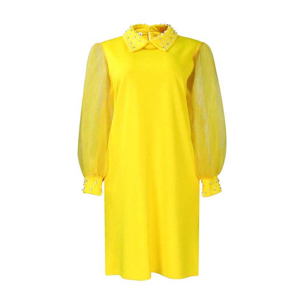 Spring and Autumn Women's Dress Plus Size Temperament Mesh Splicing Beading Loose Dresses