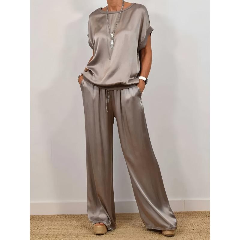 JKASHDK Women's Fashion Casual Summer Spring Solid Color Print Short Sleeve O-Neck Trousers Pants Suits