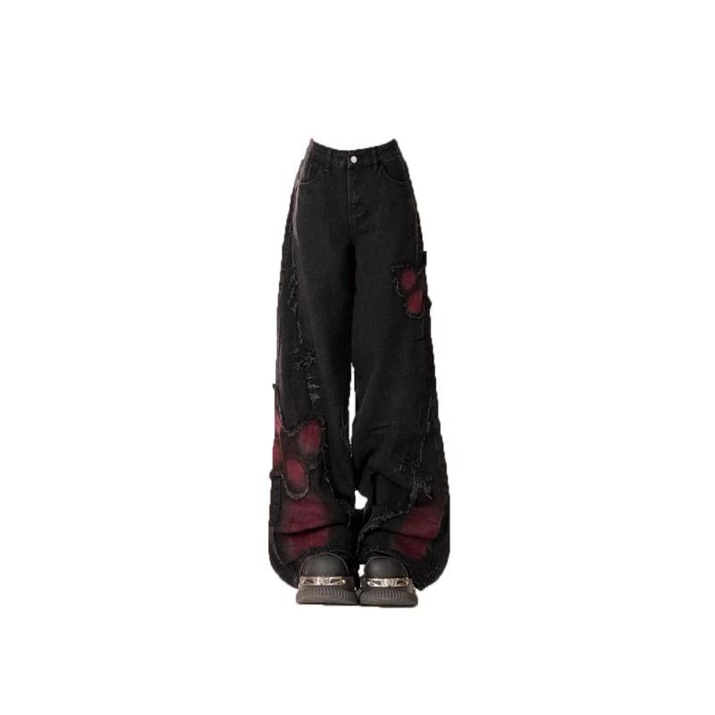 Women's Black Gothic Baggy Jeans Harajuku Y2k Aesthetic Butterfly Denim Trousers Korean Jean Pants Vintage 2000s Trashy Clothes