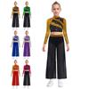 Kids Girls Dance Costume Two-Piece Set Mock Neck Long-Sleeved Sequins Cutout Back Press Button Crop Top with Flowing Chiffon Overlay Wide-Leg Side Sli