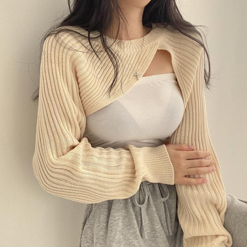 Irregular Knitted Sweaters Korean Chic Vintage All Match Sweater Women Round Neck Long Sleeve Split Pullover Crop Top