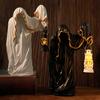 Ghost Wizard Figurine Halloween Ghost Statue with Light-up Lantern Vintage Gothic Ghost Sculpture for Indoor Mantel Cabinet Decoration