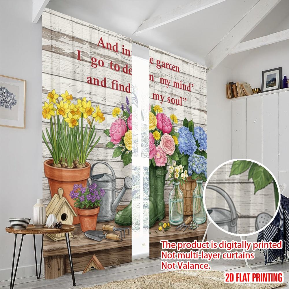 2pcs 2D Flat Printing Window Curtains Garden Boots Flowers Watering Can Polyester Without Electricity Holiday Decorations for