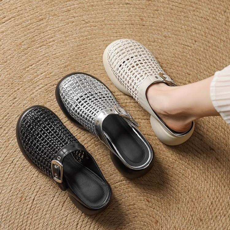 6Cm Design Feeling Thick Bottom Woven Bag Head Half Slippers Round Head Hollowed Out Outside Wearing High Heels Sandals Women