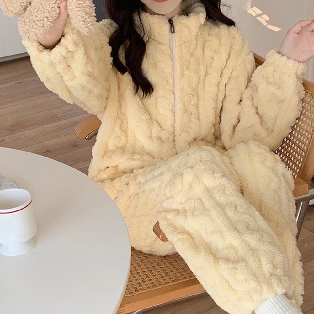 Women Pajamas Cozy Winter Pajamas Set with Stand Collar Zipper Closure Thick Coral Fleece Homewear Coat for Unisex for Nights