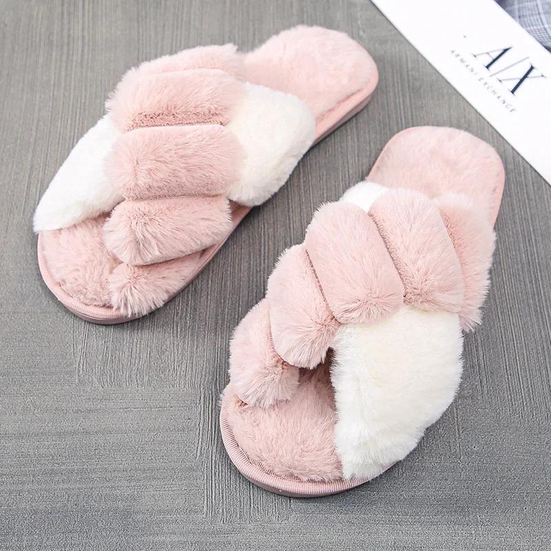 2024 Women Winter House Furry Slippers Fluffy Faux Fur Cross Design Home Slides Ladies Soft Warm Plush Slipper Female Flip Flops