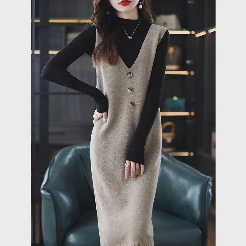 Women's Sleeveless Mid-Length Knitted Vest Dress for Spring and Autumn 2024