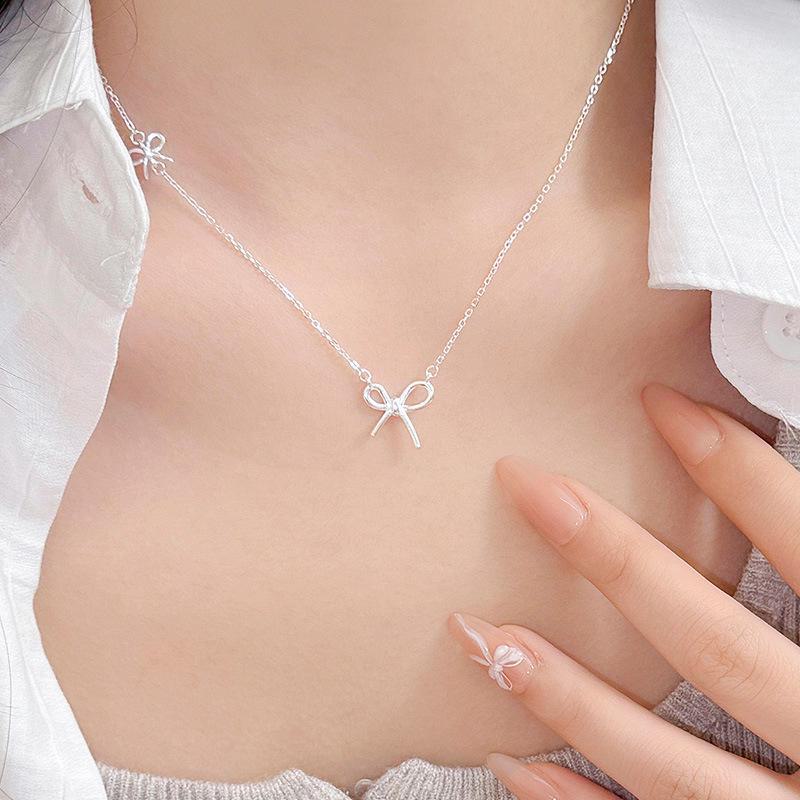 Banyan Tree S925 Silver Bowknot Necklace - Sweet Korean Style Clavicle Chain for Women