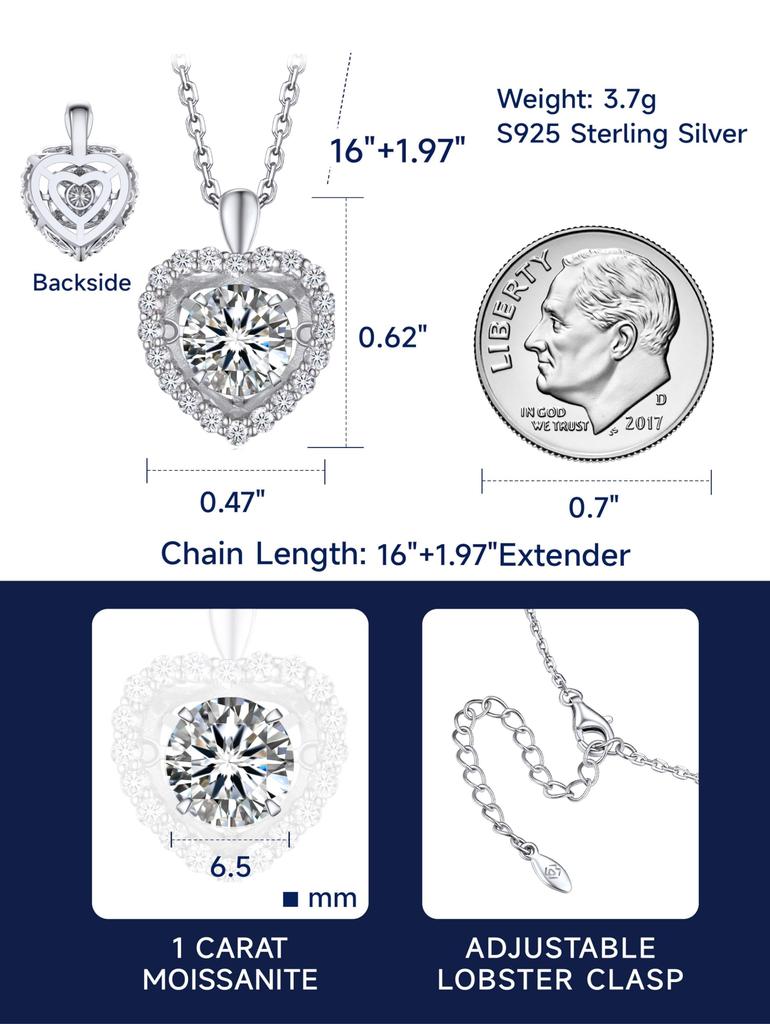 Dancing Stone Carat Moissanite Necklace Silver Necklace with Adjustable Chain and Gift Box [MomentWish] Pendant, 1.3 Women's (Heart)