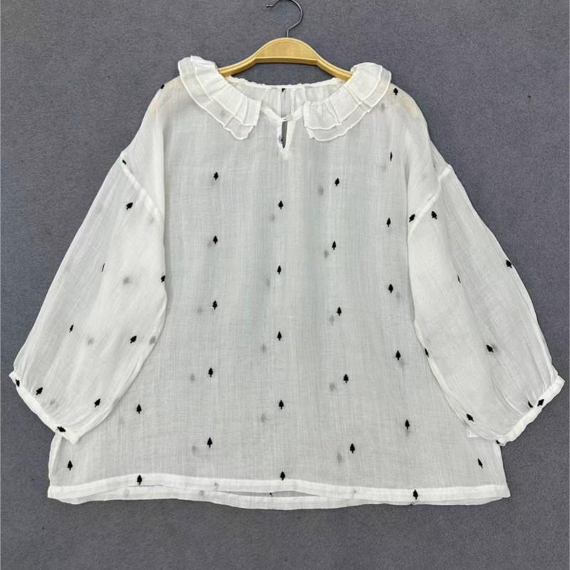 Johnature Summer Embroidered Ruffle Collar Shirts Women Casual Loose Versatile Thin Vintage Tops