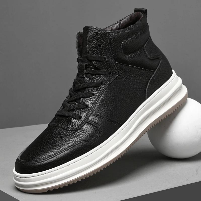 Luxury Men Sneakers Comfy Men Lace-up Solid Ankle Boots Man High Top Shoes Genuine Leather Casual Boots Minimalist Shoes for Men