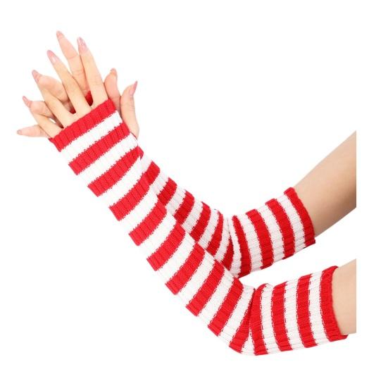 Women Striped Elbow Gloves Winter Knitted Arm Warmers Goth Punk Fingerless Gloves Stretchy Mittens with Thumb Hole for Daily Wear Cosplay