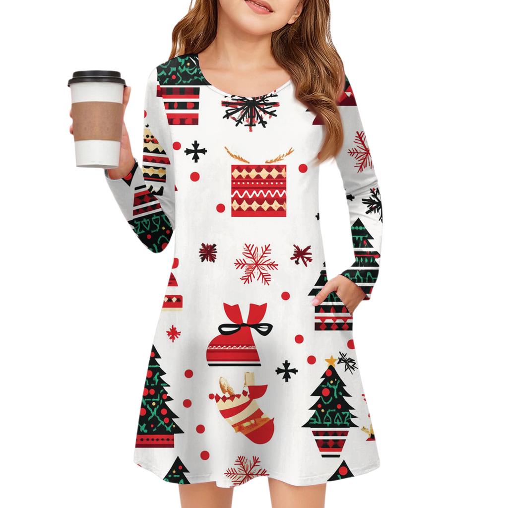Christmas Day Girls' Long Sleeve Dress - Color Pocket Dress