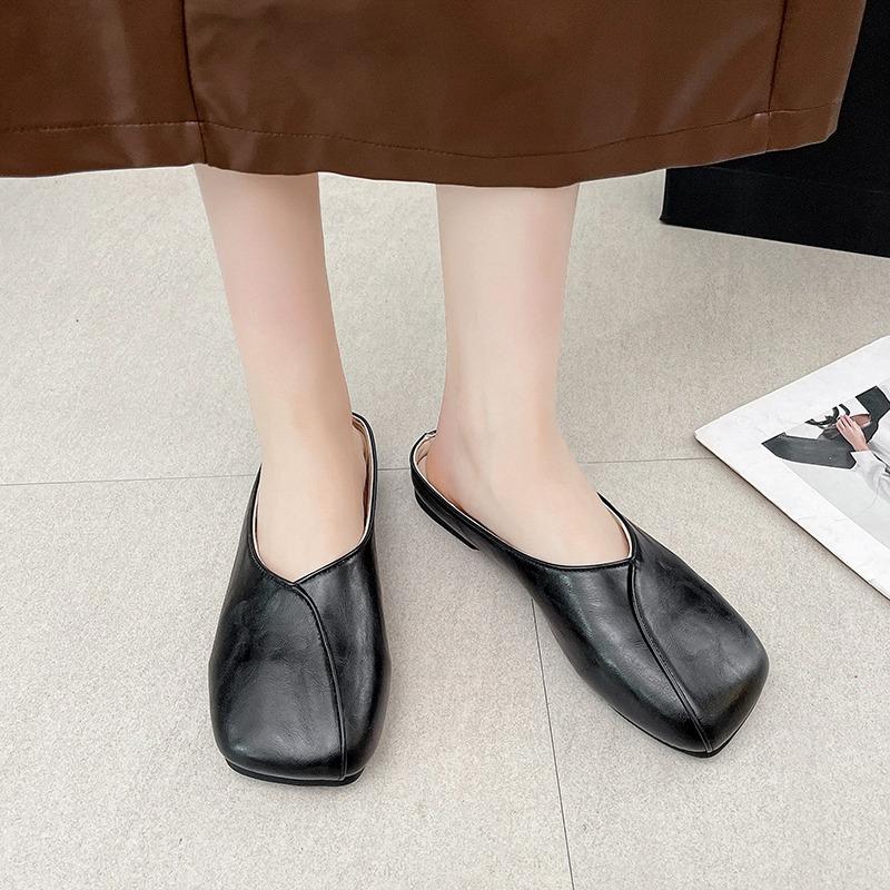 Fashion Korean Version of Square-toed Baotou Half-slippers for Women To Wear In Summer 2025 Spring New Retro Flat-bottomed Cool Mop