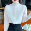 New 2024 Fashion Autumn Long Sleeve Stand Collar Casual Lace Ruffles White Chiffon Blouse Shirt Women Tops Blouses Shirts J515